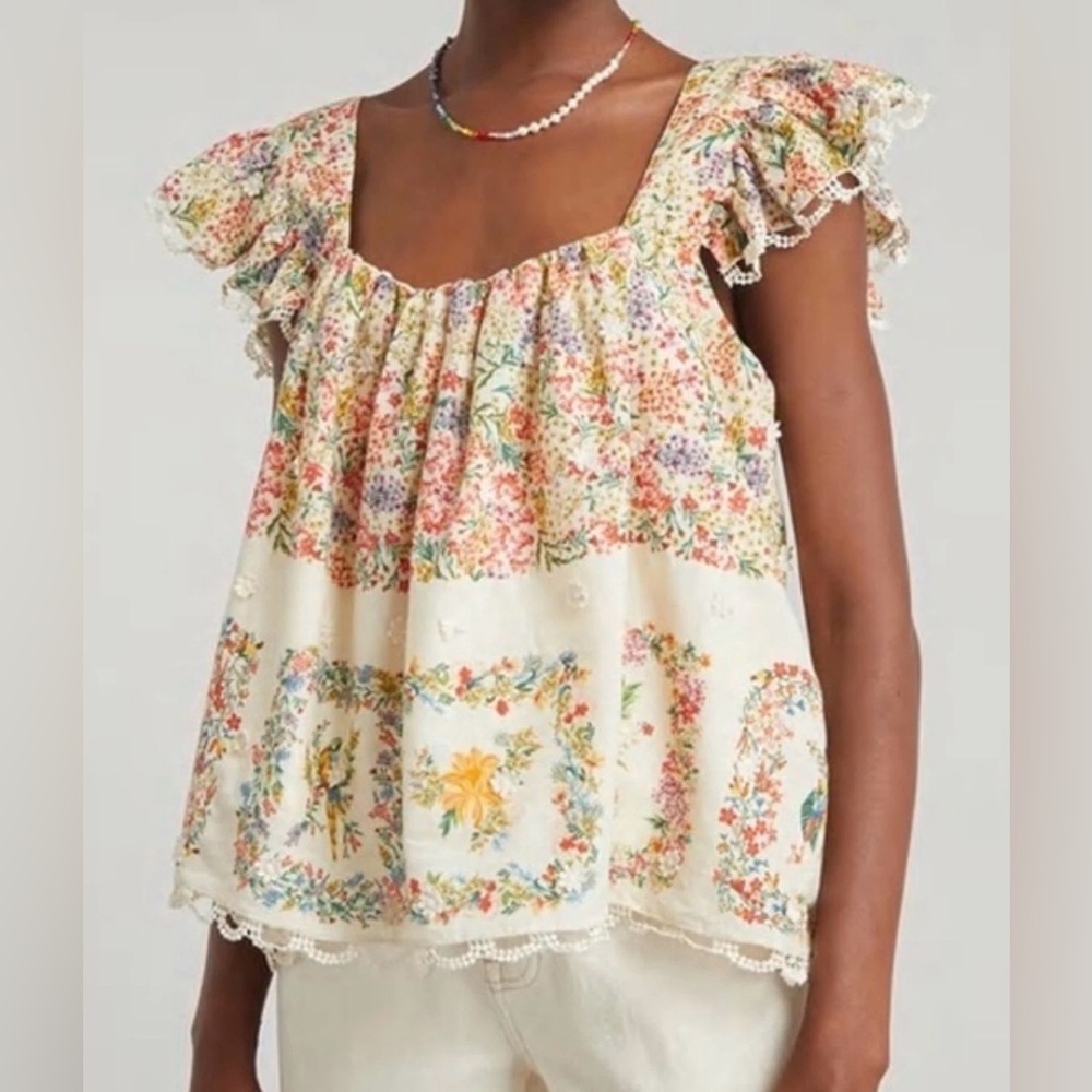 FARM Rio Delicate Forest Scarves Square-Neck Embroidered Blouse Sz Med NWT